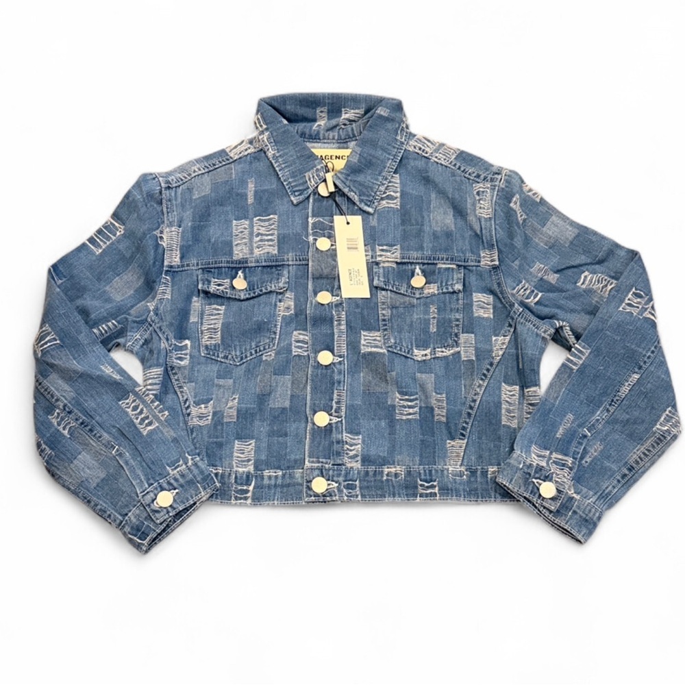L’AGENCE Koda Cropped Denim Jacket Tuscon Patchwork S NWT - Picture 4 of 11